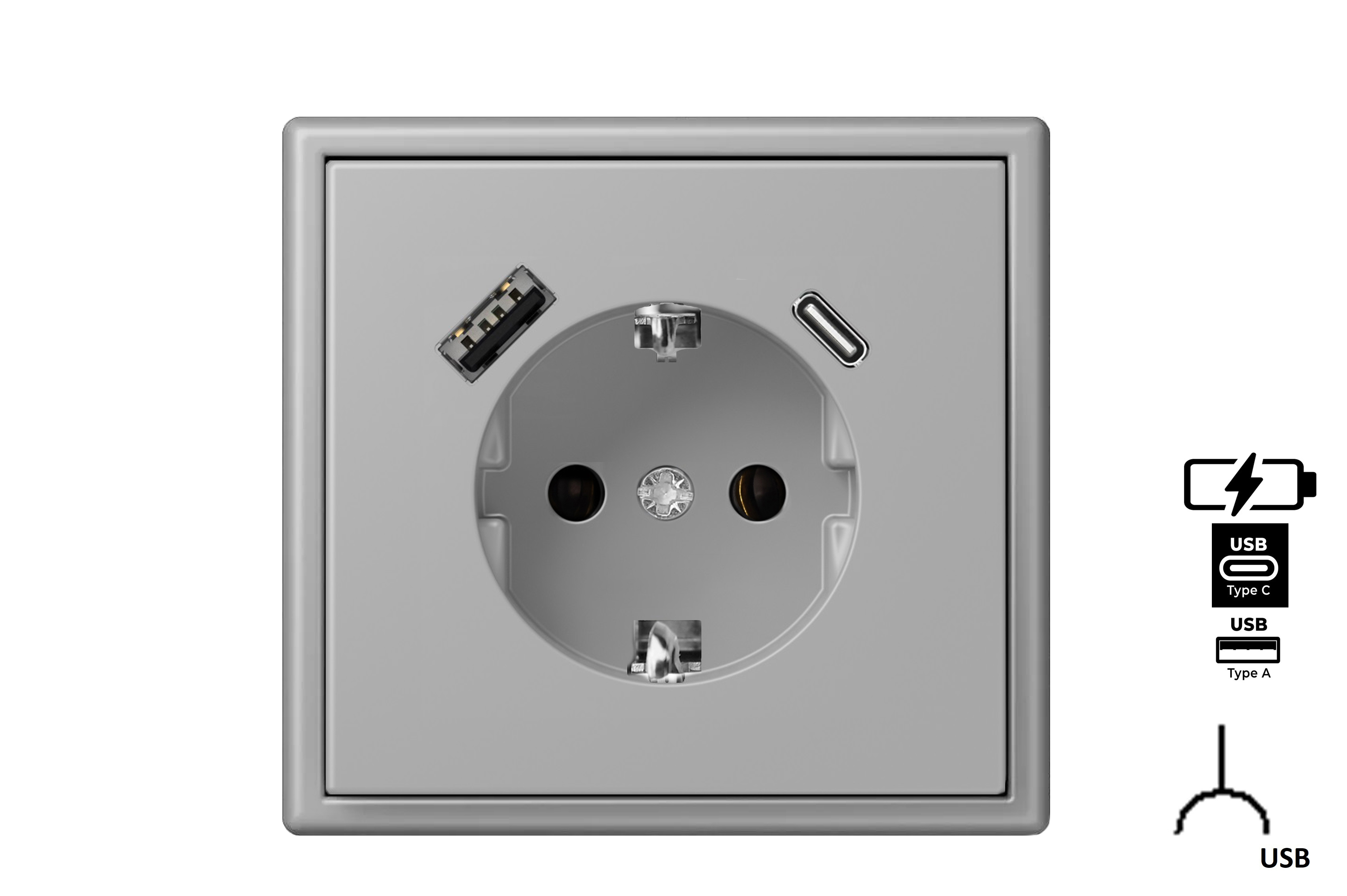 16A. 250V~ ﻿SCHUKO® ﻿ kištukinis lizdas su išmaniu USB A+C krovikliu, be rėmelio. IUK-3-01.S_GM